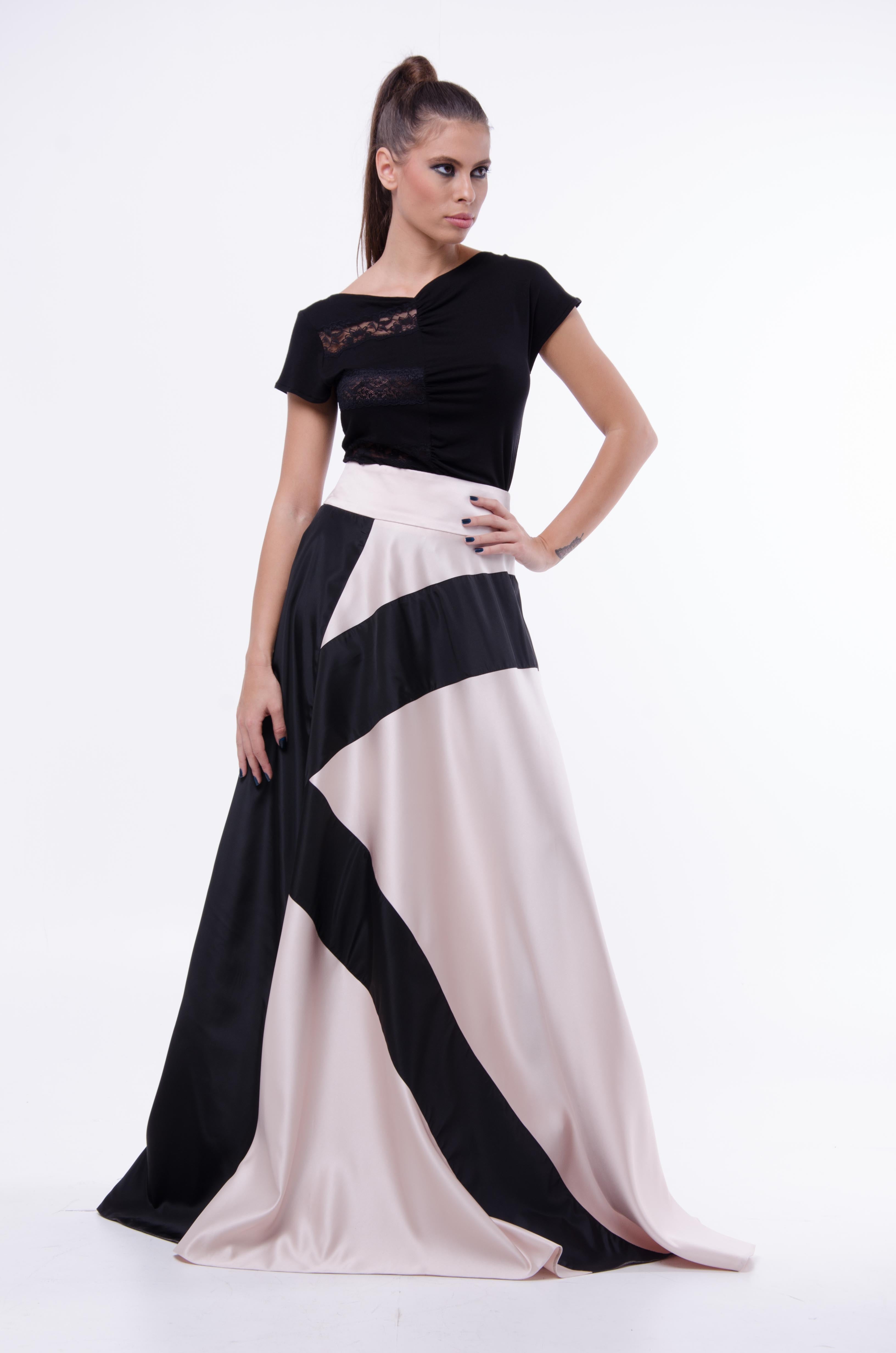 Fusta tafta fixa cu aplicatie in contrast – ivory & negru.