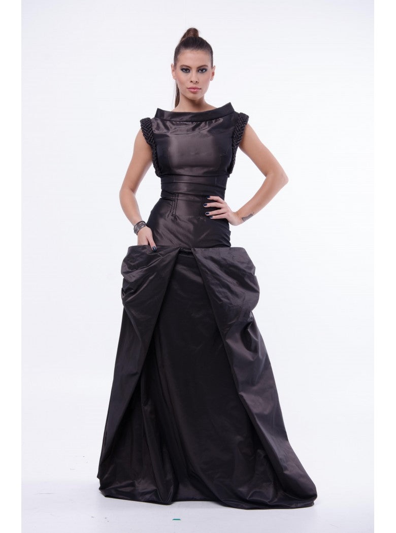 Fusta cu buzunare ample - tafta cu memorie, maro.